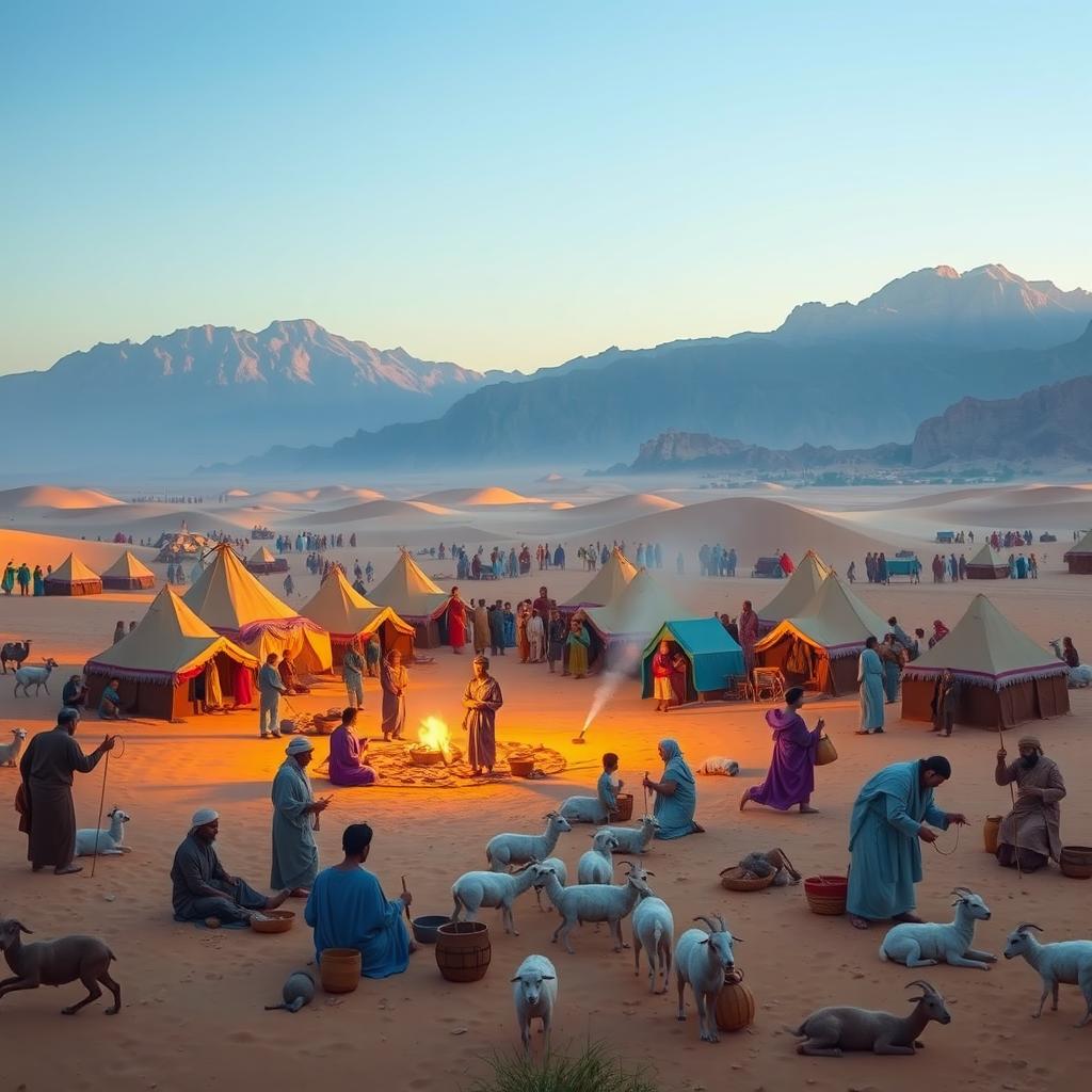 A vibrant depiction of the Israelite community in the desert, showcasing a large encampment with colorful tents, surrounded by vast sandy dunes and a clear blue sky