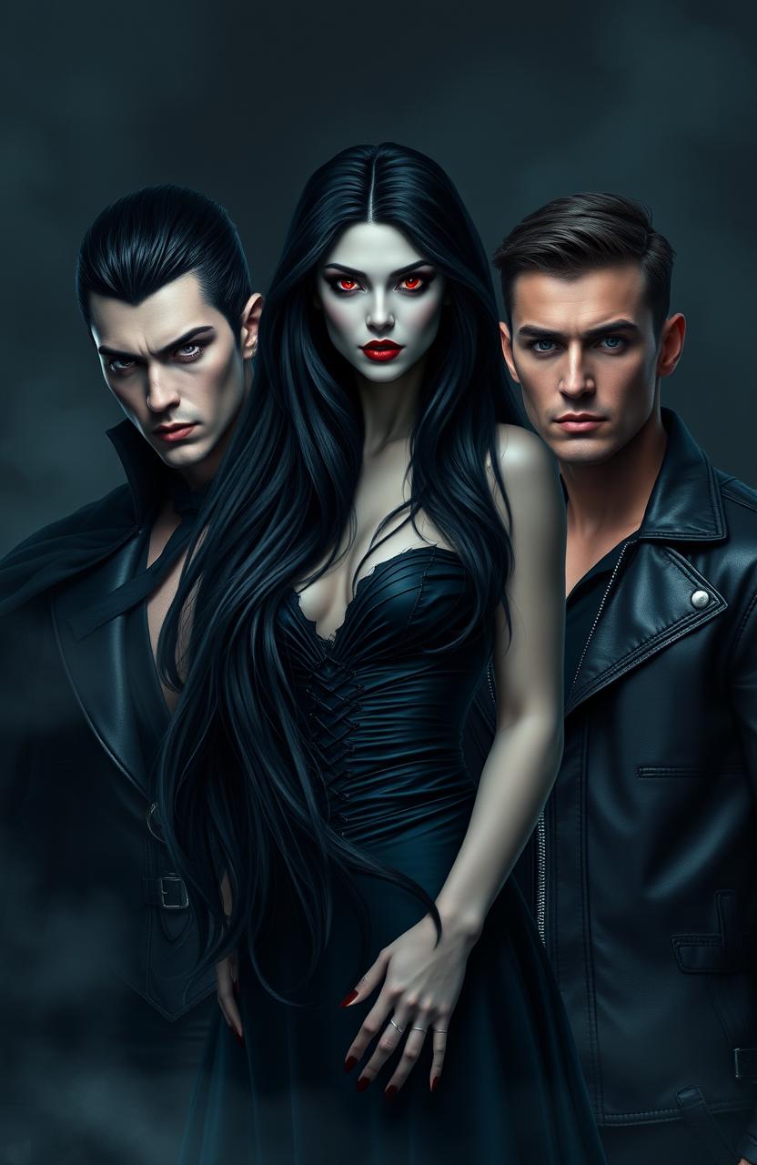 A stunning female vampire with long flowing black hair, piercing red eyes, and elegant fangs, standing confidently in the center
