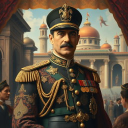 An artistic historical portrait of Reza Shah Pahlavi, the founder of the Pahlavi dynasty in Iran, depicted in elegant royal attire with intricate Persian patterns