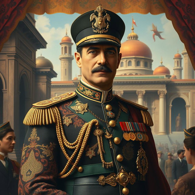 An artistic historical portrait of Reza Shah Pahlavi, the founder of the Pahlavi dynasty in Iran, depicted in elegant royal attire with intricate Persian patterns
