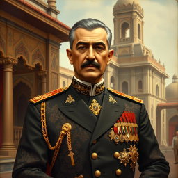 An artistic historical portrait of Reza Shah Pahlavi, the founder of the Pahlavi dynasty in Iran, depicted in elegant royal attire with intricate Persian patterns