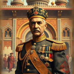 An artistic historical portrait of Reza Shah Pahlavi, the founder of the Pahlavi dynasty in Iran, depicted in elegant royal attire with intricate Persian patterns