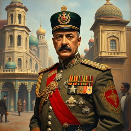 An artistic historical portrait of Reza Shah Pahlavi, the founder of the Pahlavi dynasty in Iran, depicted in elegant royal attire with intricate Persian patterns