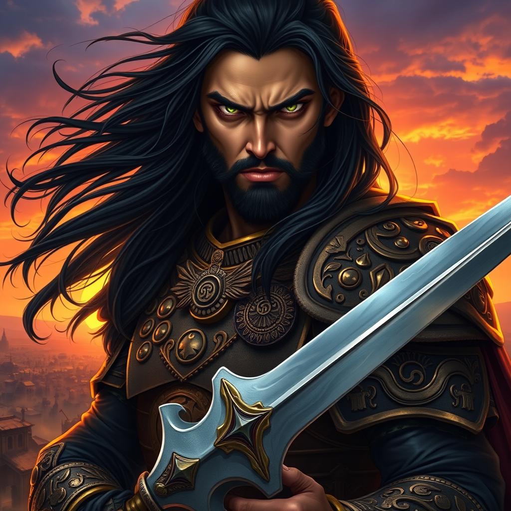 A beautifully detailed portrait of a fierce, powerful warrior named Korosh Kabir, with long flowing black hair and piercing green eyes