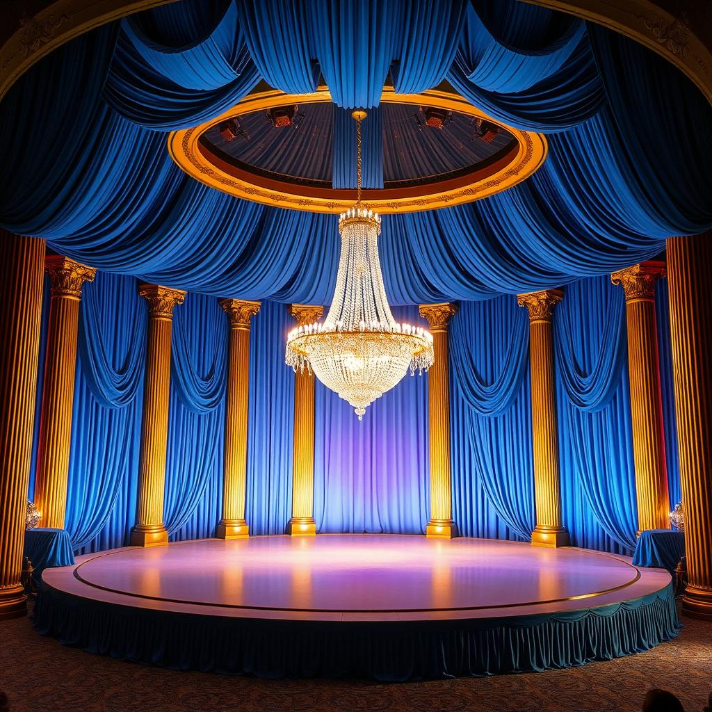 A massive circular stage adorned with elegant blue curtains draping gracefully around it, complemented by numerous tall golden pillars that rise majestically