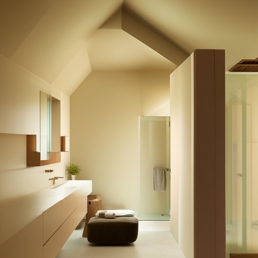 A minimalist style bathroom with subtle colors, streamlined furniture, and spacious, uncluttered layout.