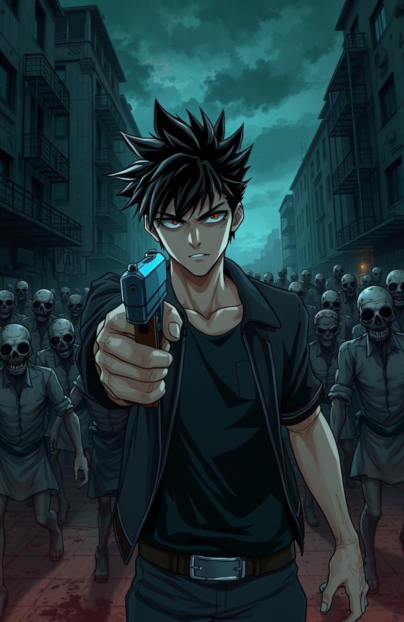 An anime-style scene featuring a handsome anime guy with striking features, pointing a gun at the head of a handsome zombie