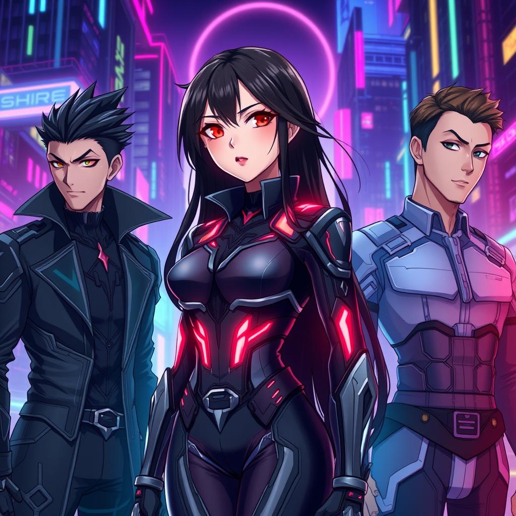 An anime-style illustration featuring a beautiful female vampire at the center, dressed in a sleek, high-tech sci-fi costume with glowing accents and futuristic designs