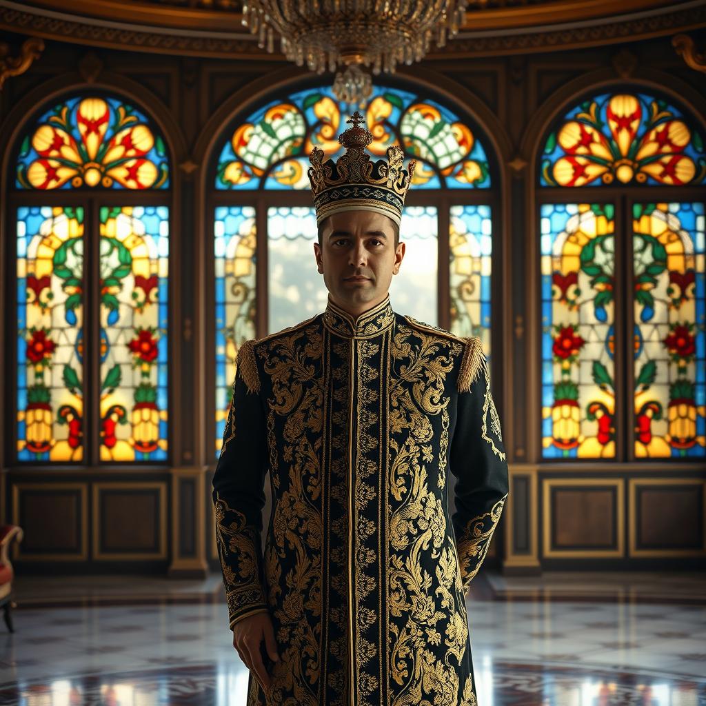 A regal portrait of a Pahlavi era Persian prince standing proudly in a lavish palace adorned with intricate Persian architecture