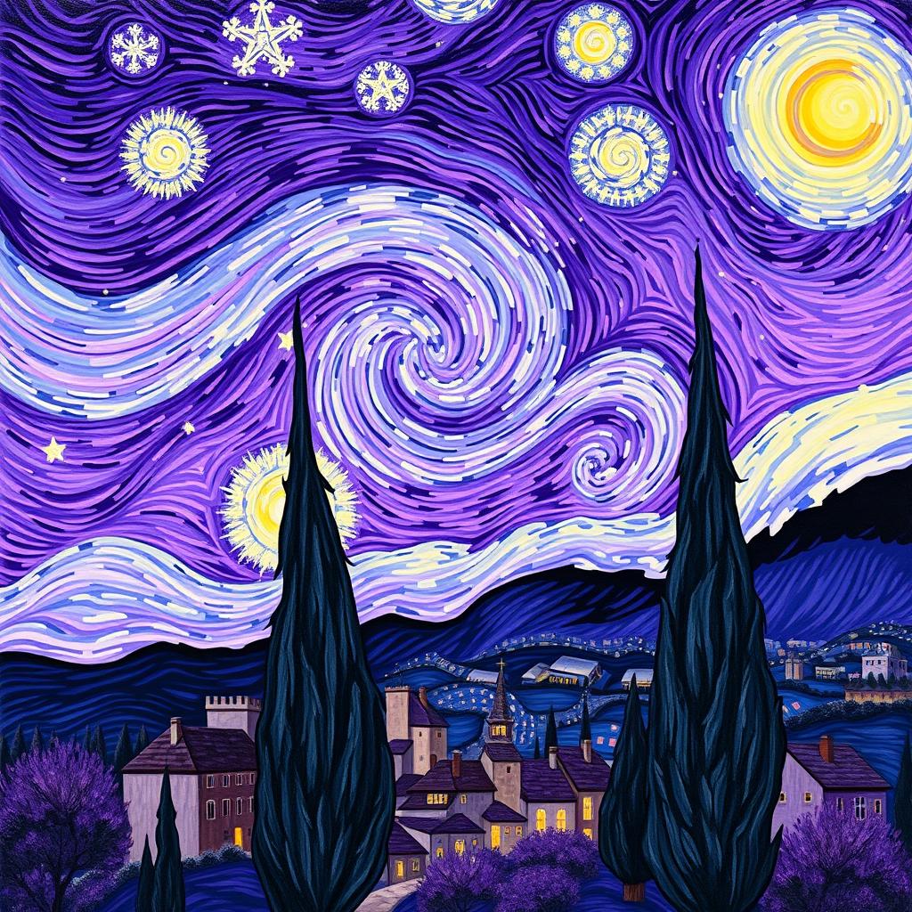 A reinterpretation of Van Gogh's 'Starry Night' featuring a vivid and enchanting night sky predominantly in shades of purple, including deep violet, lilac, and lavender, swirling clouds, and bright, glowing stars