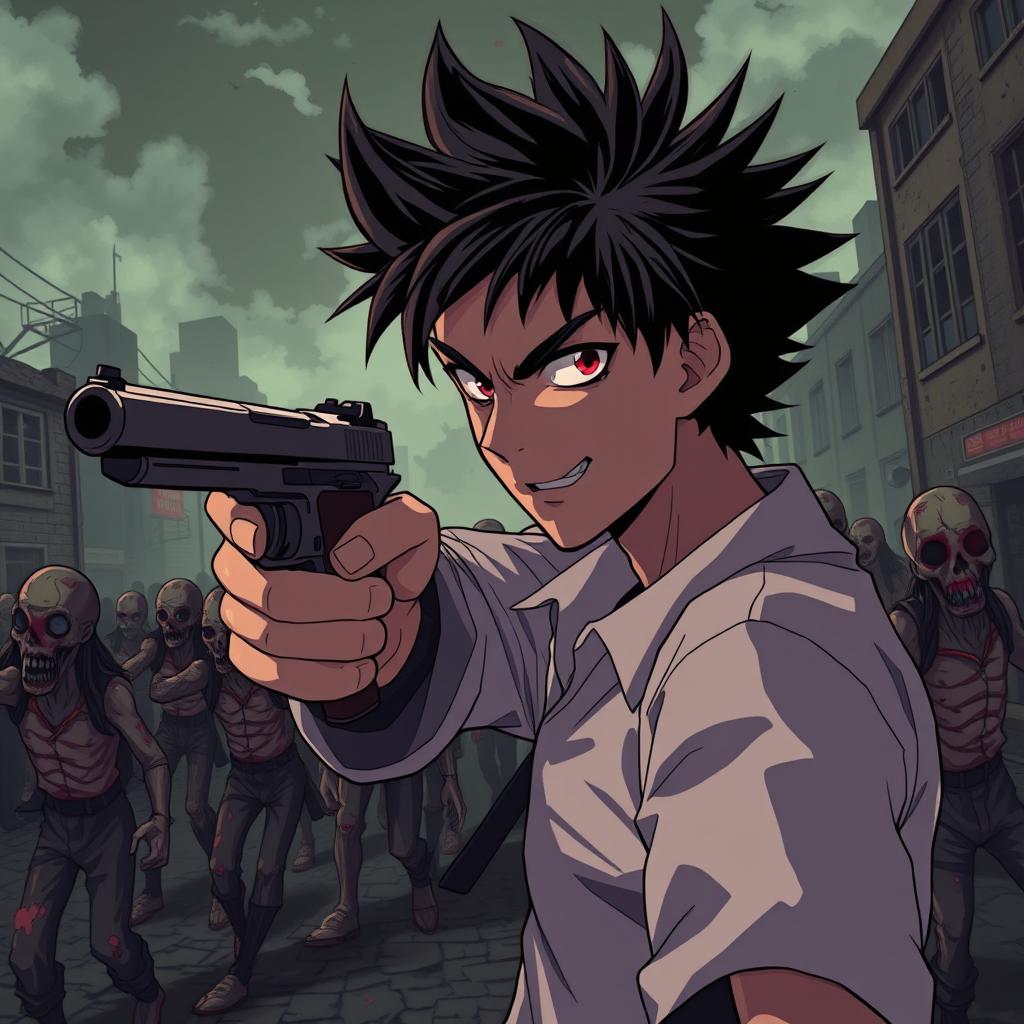 An anime-style scene depicting a handsome anime guy with striking features, confidently pointing a gun at the head of a charming zombie