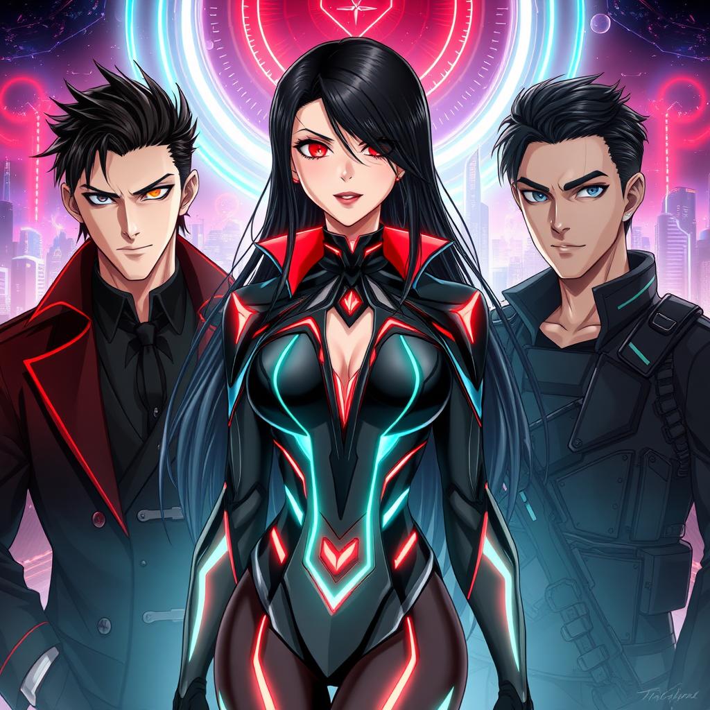 An anime-style illustration showcasing a beautiful female vampire in the center, clad in a sleek and futuristic sci-fi costume adorned with luminous details and sharp design