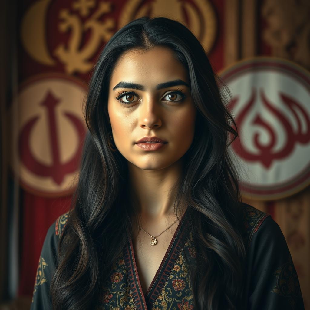 A powerful and poignant portrait of Mahsa Amini, a young Iranian woman with long, dark hair and striking features, standing in front of a backdrop of rich cultural symbols representing Iranian heritage, dressed in a traditional Iranian outfit with modern touches, exuding a sense of strength and resilience