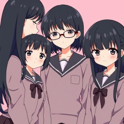 A group of three girls in Japanese school uniforms, each with black hair