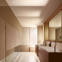 A minimalist style bathroom with subtle colors, streamlined furniture, and spacious, uncluttered layout.