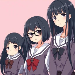 A group of three girls in Japanese school uniforms, each with black hair
