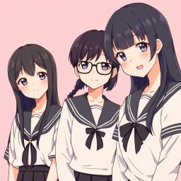 A group of three girls in Japanese school uniforms, each with black hair