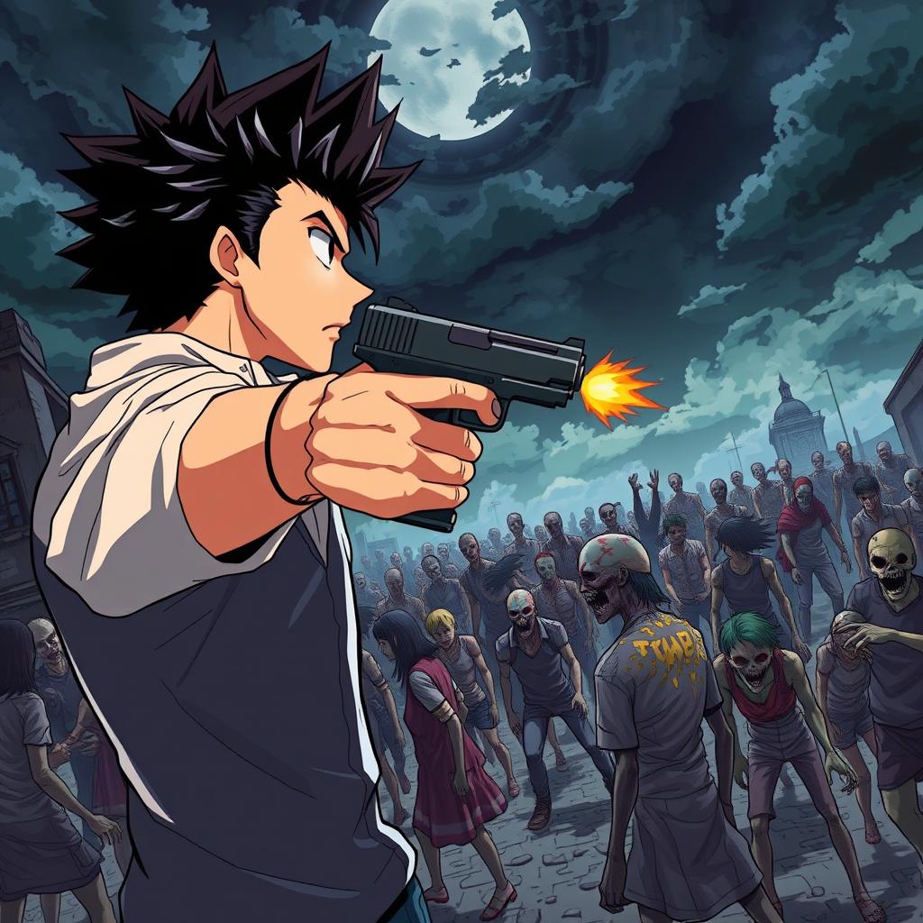 An anime-style illustration of a handsome anime guy, determined and fierce, pointing a gun at the head of a strikingly attractive zombie