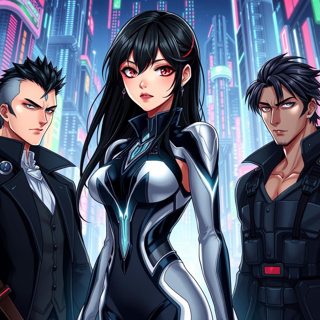 An anime-style illustration depicting a beautiful female vampire at the center, adorned in an elegant, high-tech sci-fi costume featuring sleek lines and glowing accents