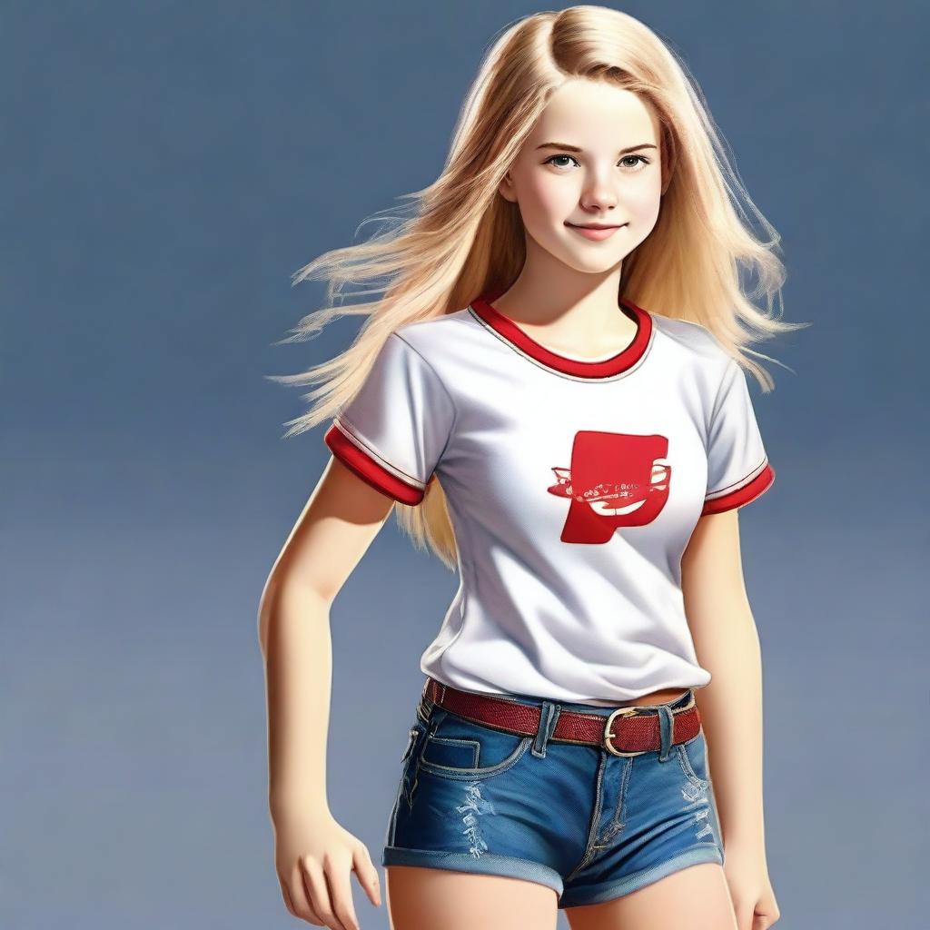 A high-quality digital art piece depicts a 13-year-old girl with blond hair, distinguished by a single strand of red