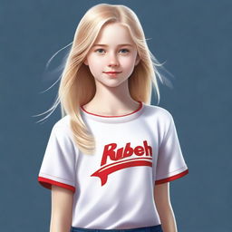 A high-quality digital art piece depicts a 13-year-old girl with blond hair, distinguished by a single strand of red