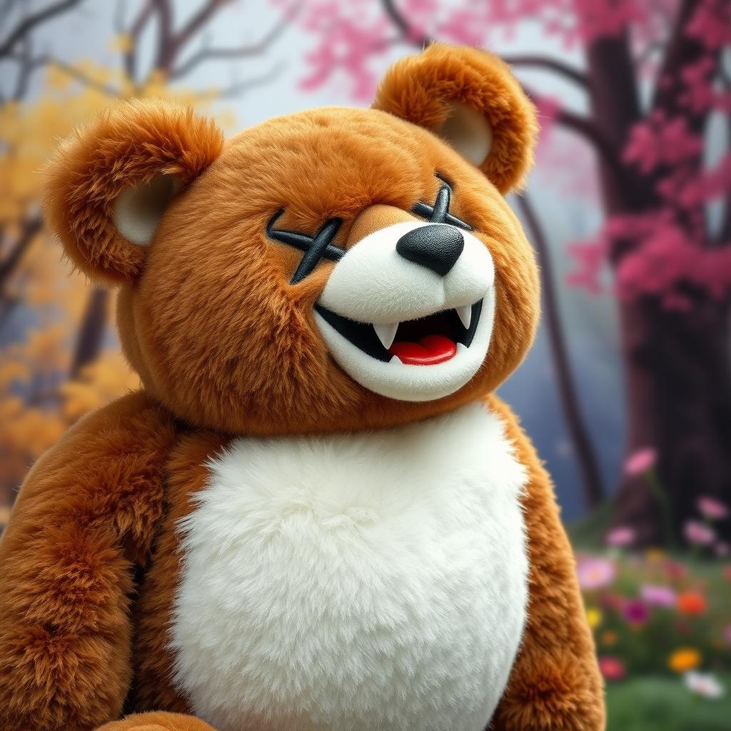 A teddy brown bear with a soft, plush texture, a white belly, and distinctive X-shaped eyes