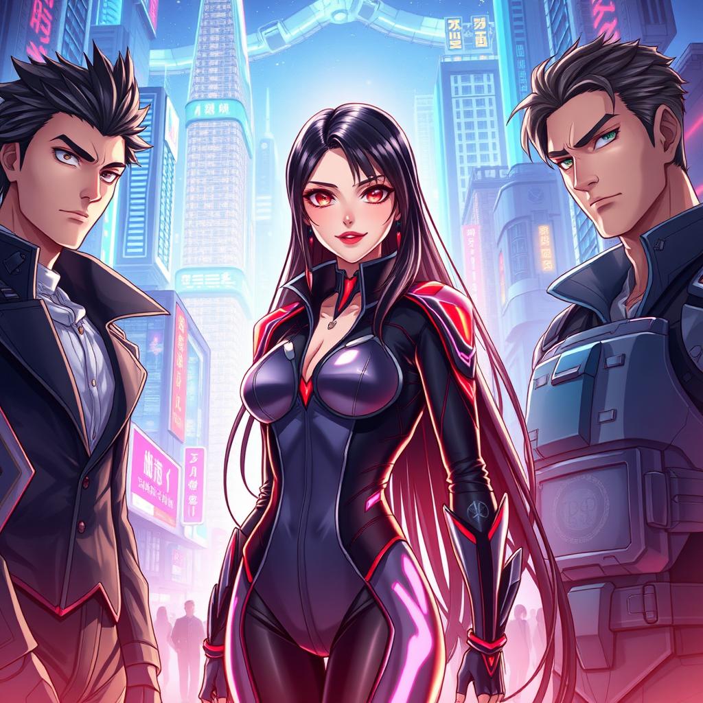 An anime-style illustration featuring a beautiful female vampire at the center, dressed in a sophisticated and sleek sci-fi costume that incorporates reflective materials and glowing accents