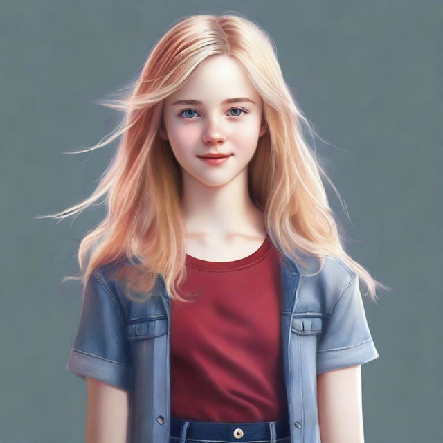 A high-quality digital art piece depicts a 13-year-old girl with blond hair, distinguished by a single strand of red