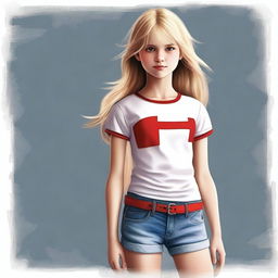 A high-quality digital art piece depicts a 13-year-old girl with blond hair, distinguished by a single strand of red