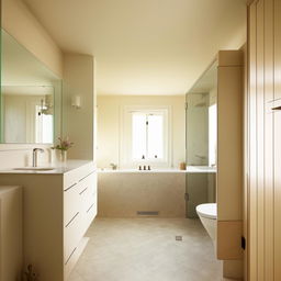 A minimalist style bathroom with subtle colors, streamlined furniture, and spacious, uncluttered layout.