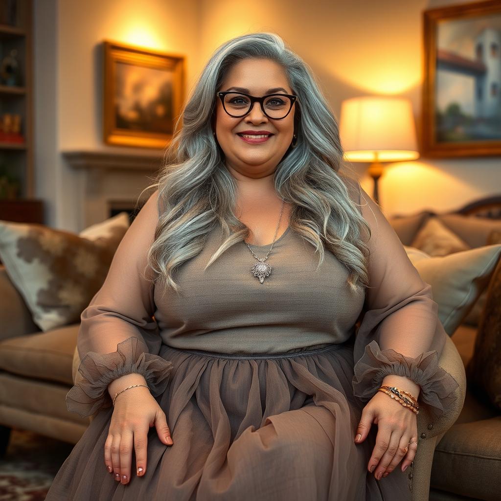 A plus size mature woman in a stylish petticoat, featuring long, flowing silver hair, is seated comfortably in a cozy living room setting