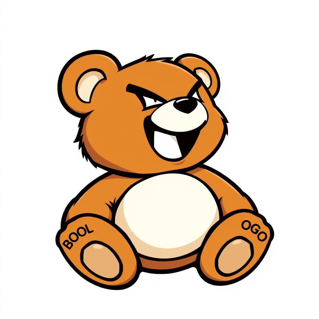 A logo featuring a teddy brown bear with a white belly, looking to the right side while laughing an evil laugh