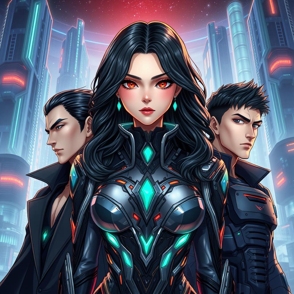 A realistic anime-style illustration featuring a beautiful female vampire at the center, dressed in an intricately designed sci-fi costume with metallic textures and glowing elements that catch the eye