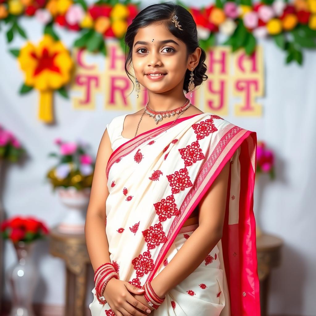 A beautiful girl wearing a stunning white saree adorned with intricate red rhinestone work, perfectly styled for the celebration of Pohela Boishak, the Bengali New Year