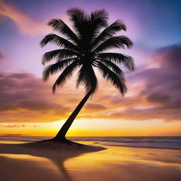 A stunning sunset over a tranquil beach, with golden rays reflecting off the sparkling ocean, a silhouette of a palm tree in the foreground, and a colorful, vibrant sky.