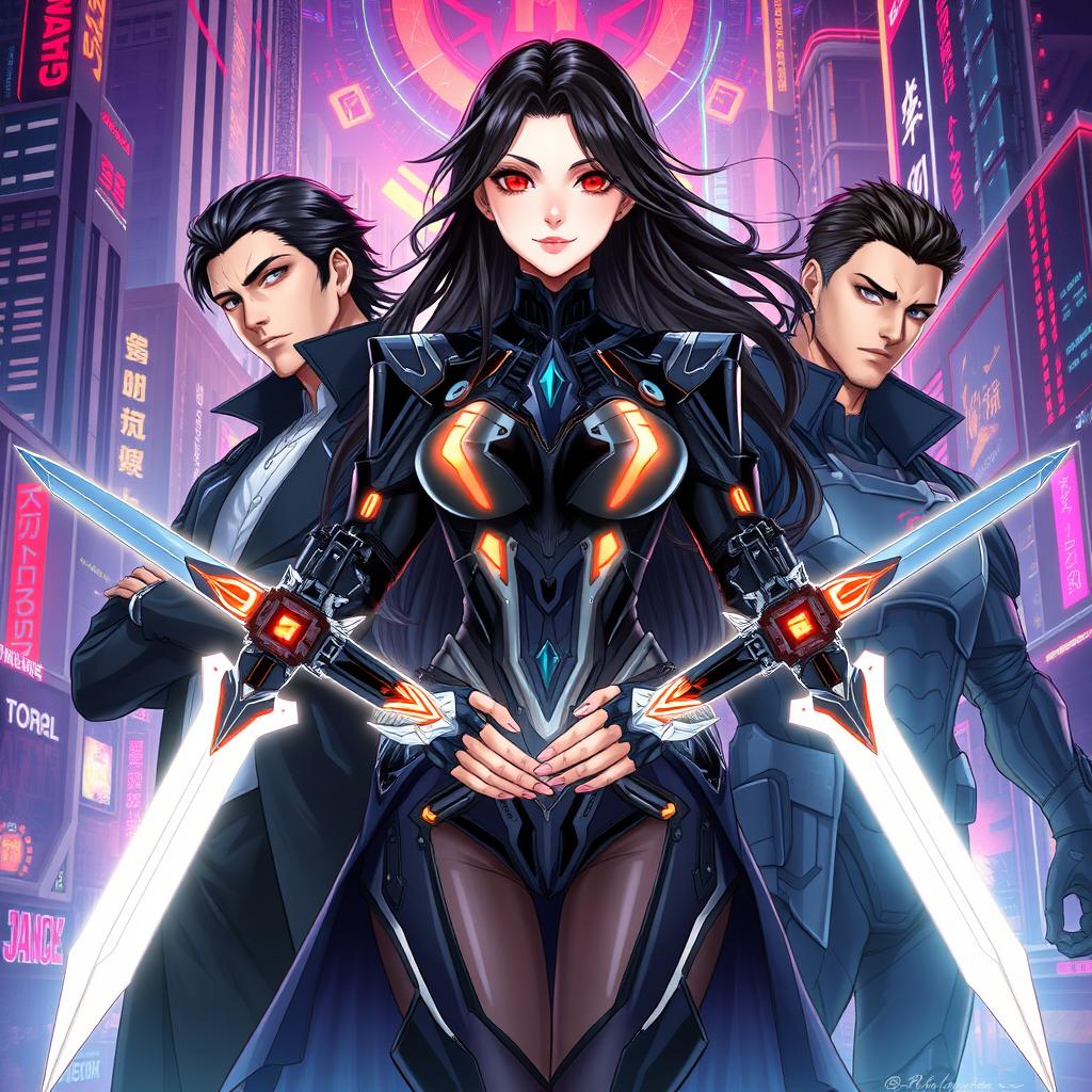 A realistic anime-style illustration featuring a beautiful female vampire at the center, holding dual swords elegantly poised in her hands