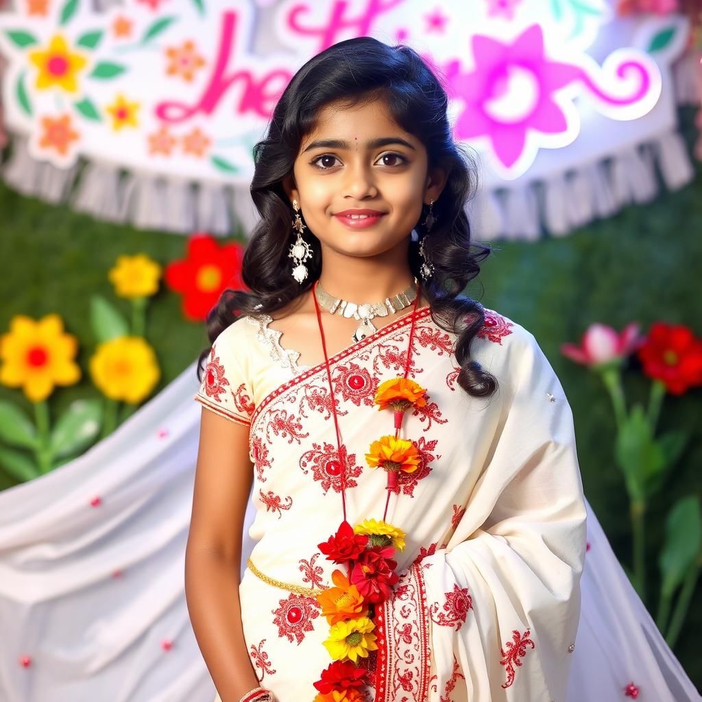 A beautiful girl dressed in an elegant white saree adorned with intricate red rhinestone work, celebrating the occasion of Pohela Boishak