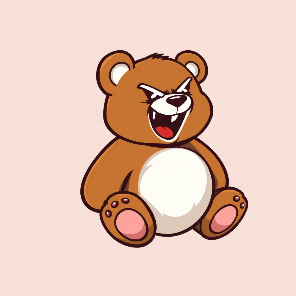 A logo design featuring a teddy brown bear with a fluffy white belly, looking towards the right side whilst laughing with an evil expression