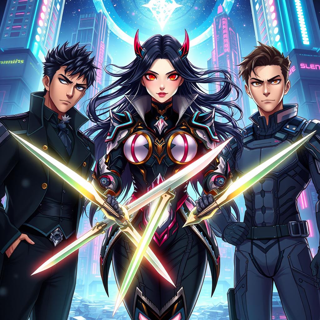 A realistic anime-style illustration featuring a beautiful female vampire at the center, holding twin swords with a fierce determination
