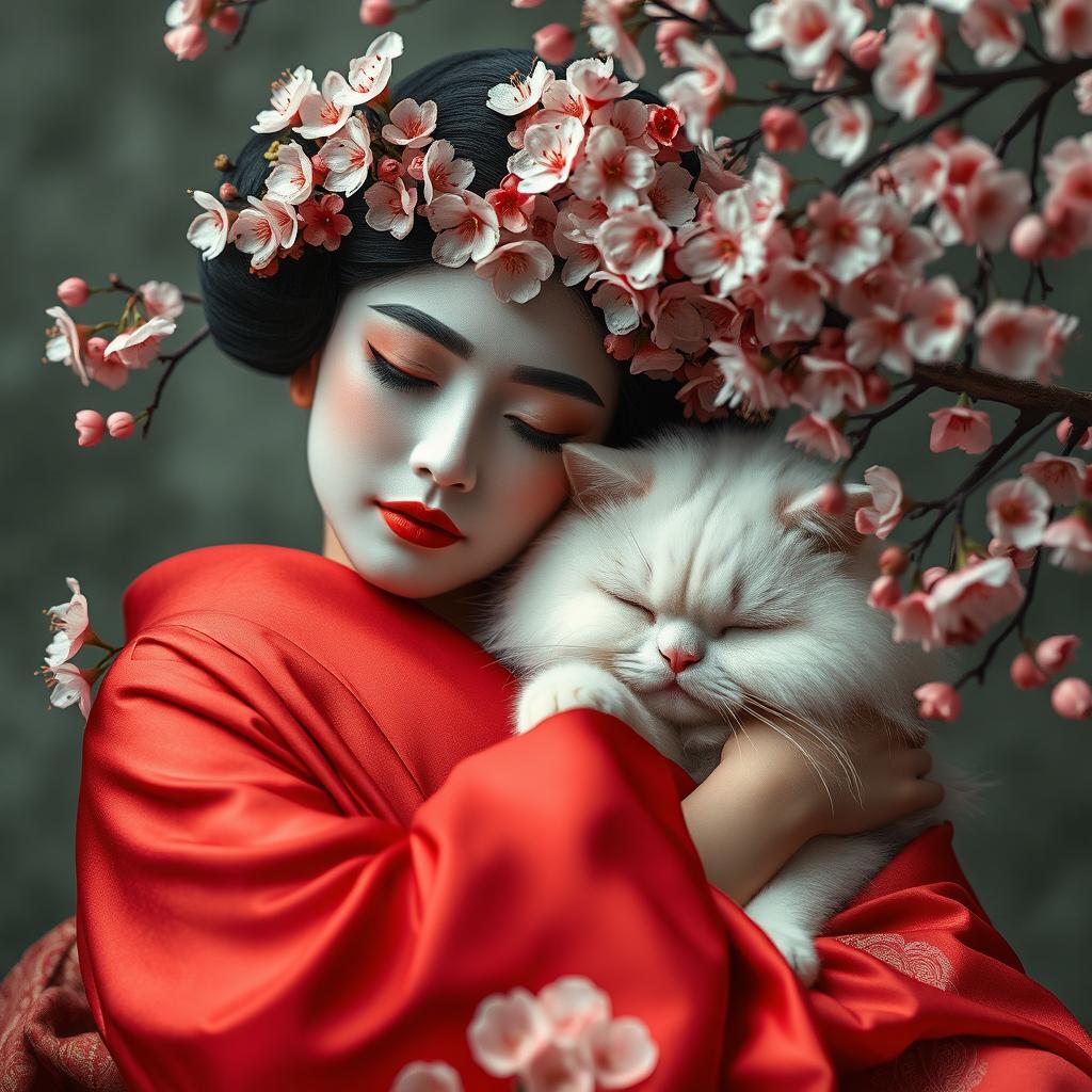 A serene Geisha adorned in a crimson kimono and an elaborate floral headdress, resting peacefully beside a fluffy white Persian cat