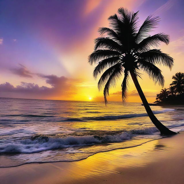 A stunning sunset over a tranquil beach, with golden rays reflecting off the sparkling ocean, a silhouette of a palm tree in the foreground, and a colorful, vibrant sky.