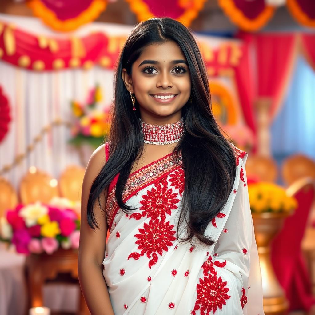 A stunning girl dressed in an elegant white saree adorned with intricate red rhinestone work that glimmers extravagantly across her whole body