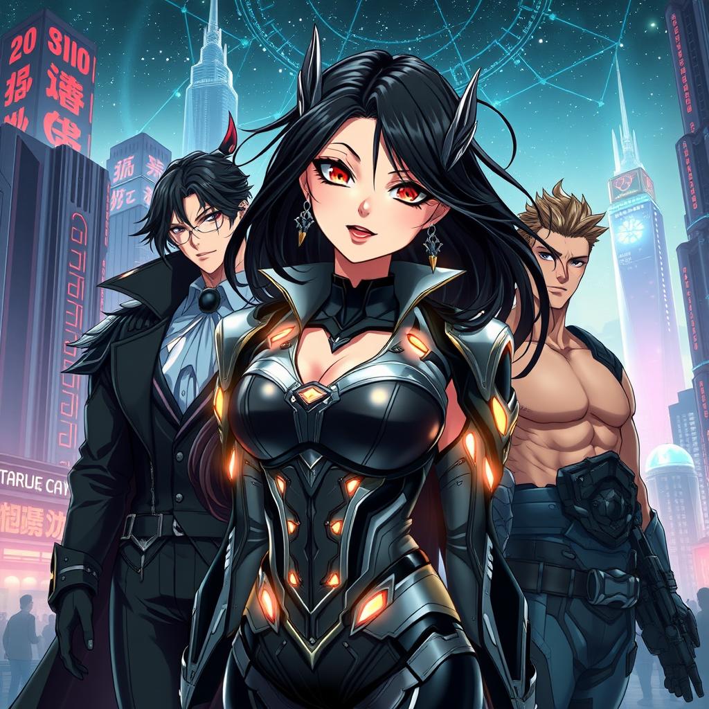 A stunning anime-style illustration featuring a beautiful female vampire positioned in the center, showcasing her in an elaborate sci-fi costume adorned with sleek metallic details and illuminated accents