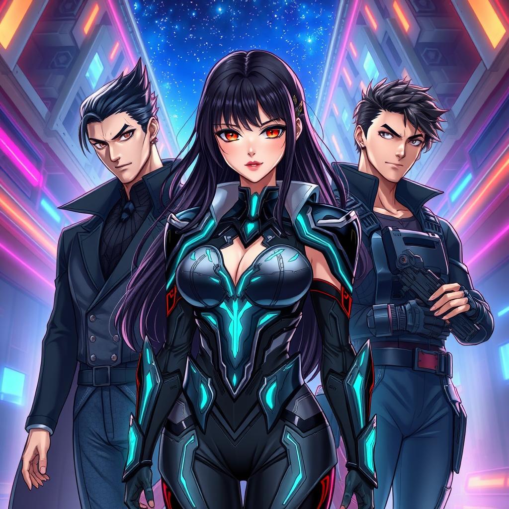 A realistic anime-style illustration featuring a beautiful female vampire positioned in the center, adorned in a sophisticated sci-fi costume that blends sleek armor with intricate glowing patterns