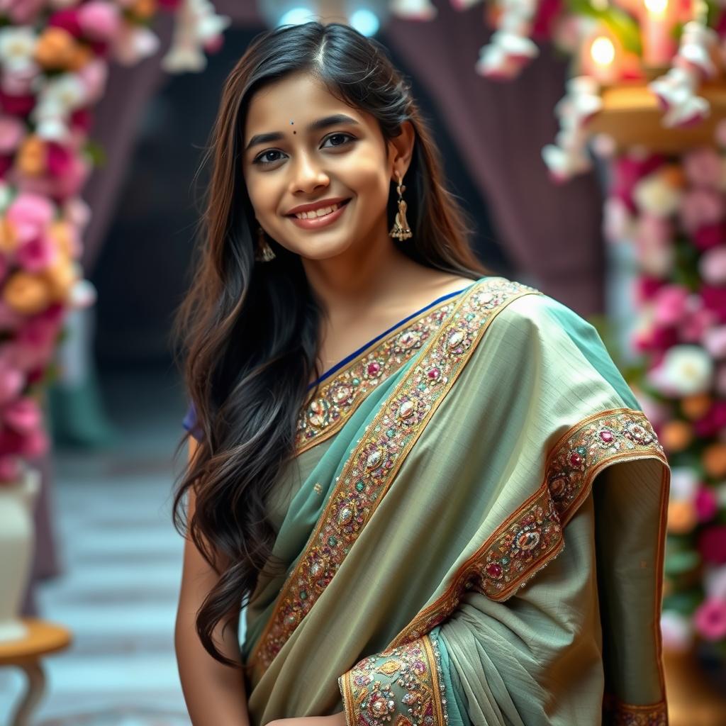 An 18-year-old girl gracefully draped in an exquisite jarkan stone work saree