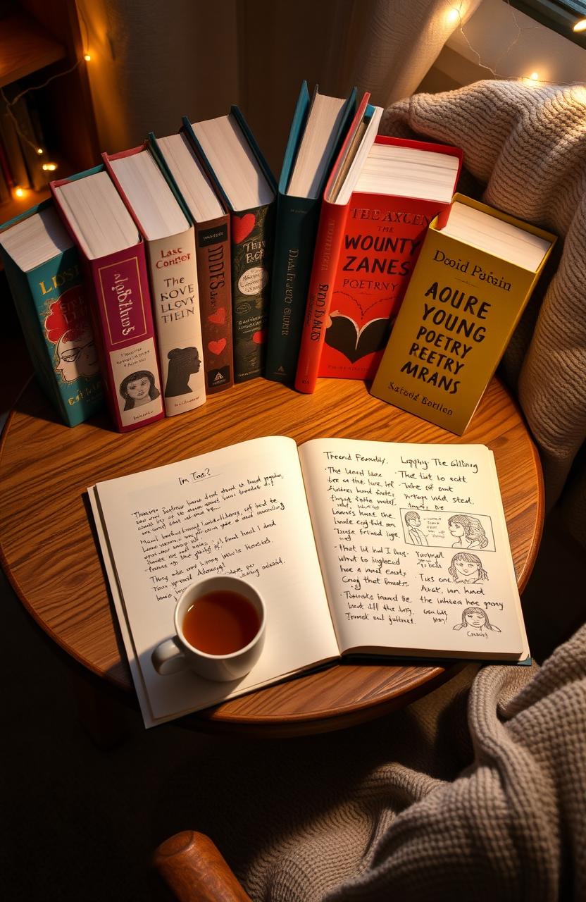 A beautiful collection of poetry books, artfully displayed on a wooden table