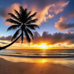 A stunning sunset over a tranquil beach, with golden rays reflecting off the sparkling ocean, a silhouette of a palm tree in the foreground, and a colorful, vibrant sky.