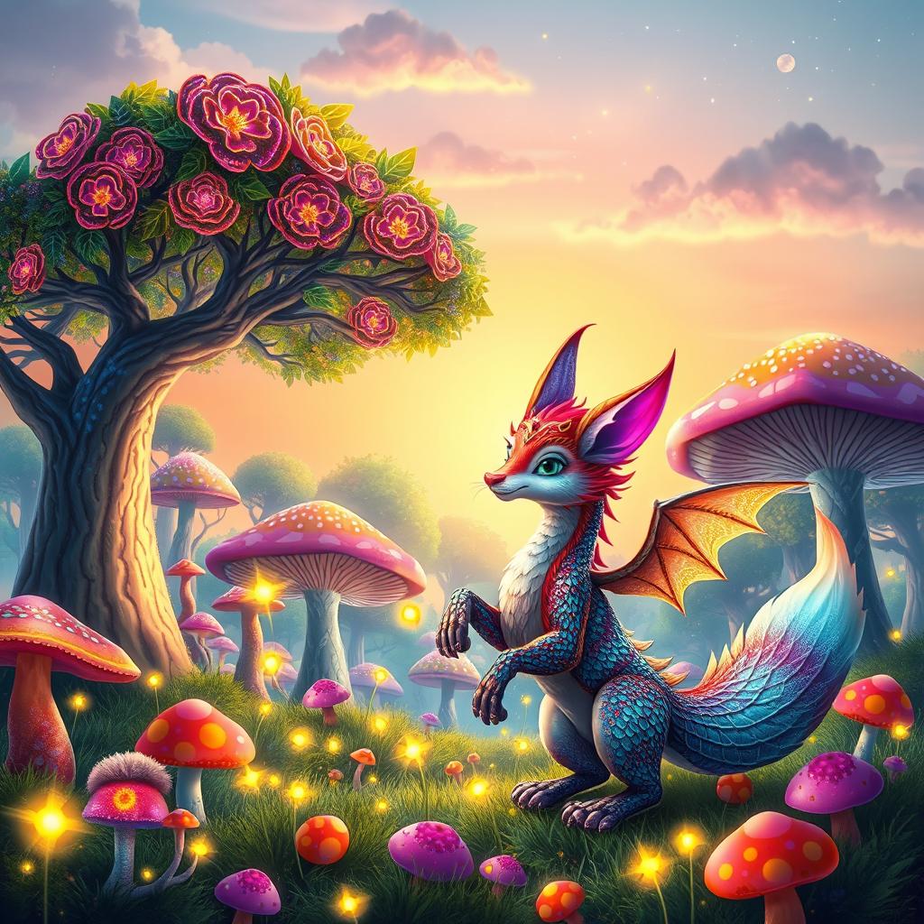 A vibrant digital artwork featuring a whimsical forest scene, filled with colorful, oversized mushrooms and enchanted trees with sparkling leaves