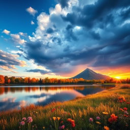 A serene landscape that encapsulates human emotions through nature: a tranquil lake reflecting the calm blue sky symbolizing peace, vibrant autumn trees representing joy and the beauty of change with shades of orange, yellow, and red, a stormy sky in the background illustrating anger or frustration with dark clouds and lightning