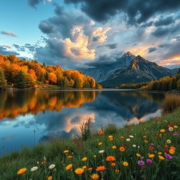 A serene landscape that encapsulates human emotions through nature: a tranquil lake reflecting the calm blue sky symbolizing peace, vibrant autumn trees representing joy and the beauty of change with shades of orange, yellow, and red, a stormy sky in the background illustrating anger or frustration with dark clouds and lightning